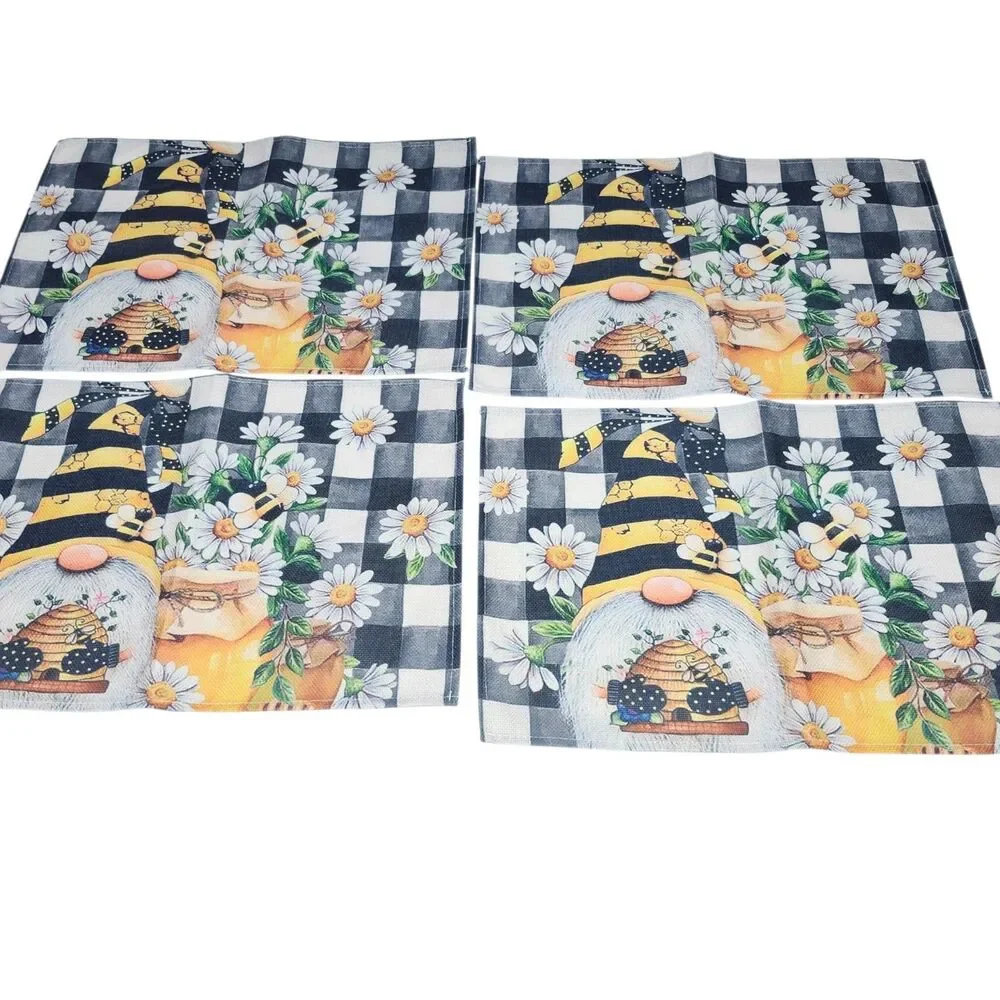 Honey Bee Gonk/Gnome Placemats Set of 4 Black White Buffalo Plaid Yellow Daisies